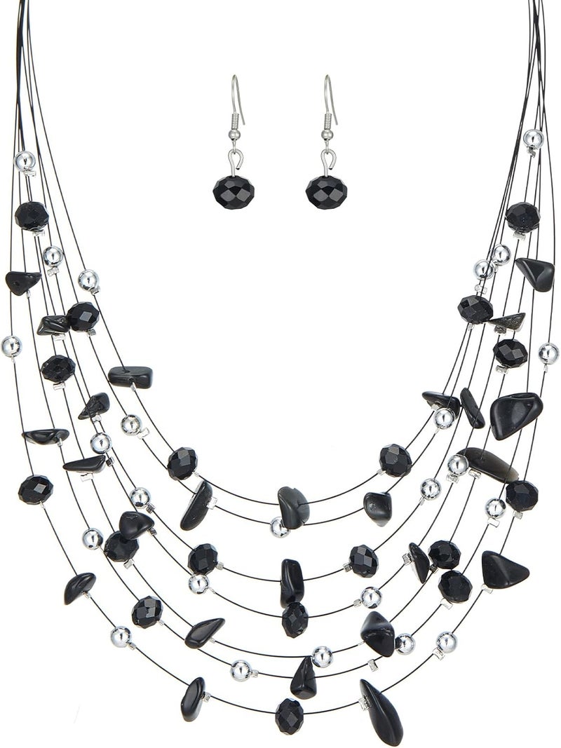 Errally Store Multi-Layer Boho Shell Beaded Necklace for Women Colorful Crystal Strand with Silver Beads Statement Collars Necklace and Earrings Costumes Jewelry Sets for Women - Image 1